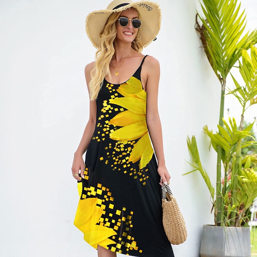 🌻 Sunflower Women’s Casual Summer Midi Dress Sleeveless with Pockets in Black